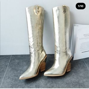 Gold Fashion Cowboy Heeled Boots